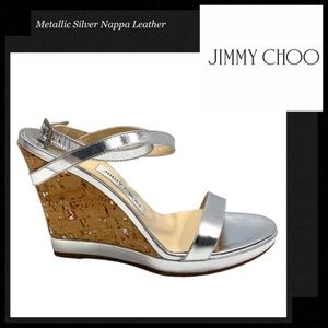 JIMMY CHOO Metallic Silver Nappa Leather Cork Wedge Sandals